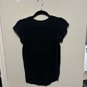 LOFT Petites Black Flutter Sleeve Embroidered Lace Trim Button Down Blouse